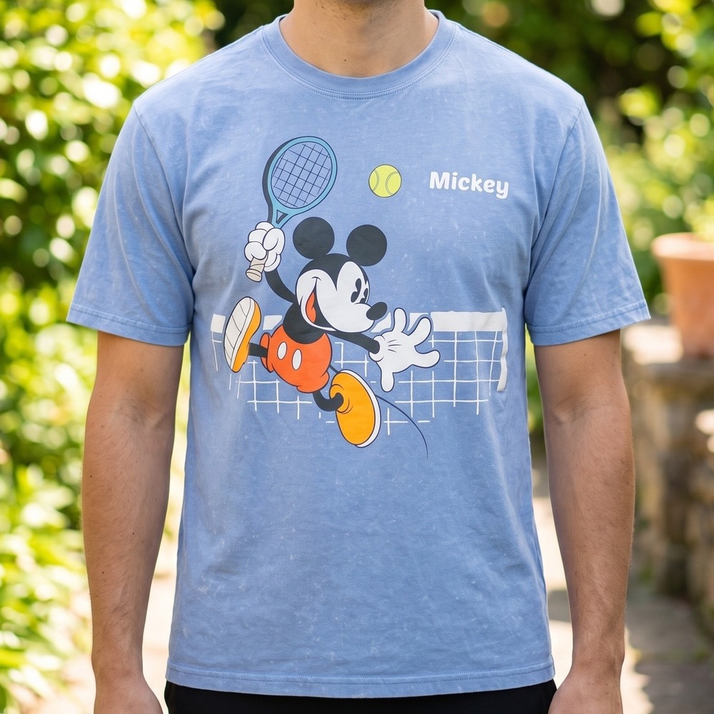 Disney Mickey Mouse Tennis Graphic Tee Blue Double Sided Short‎ Sleeve Shirt